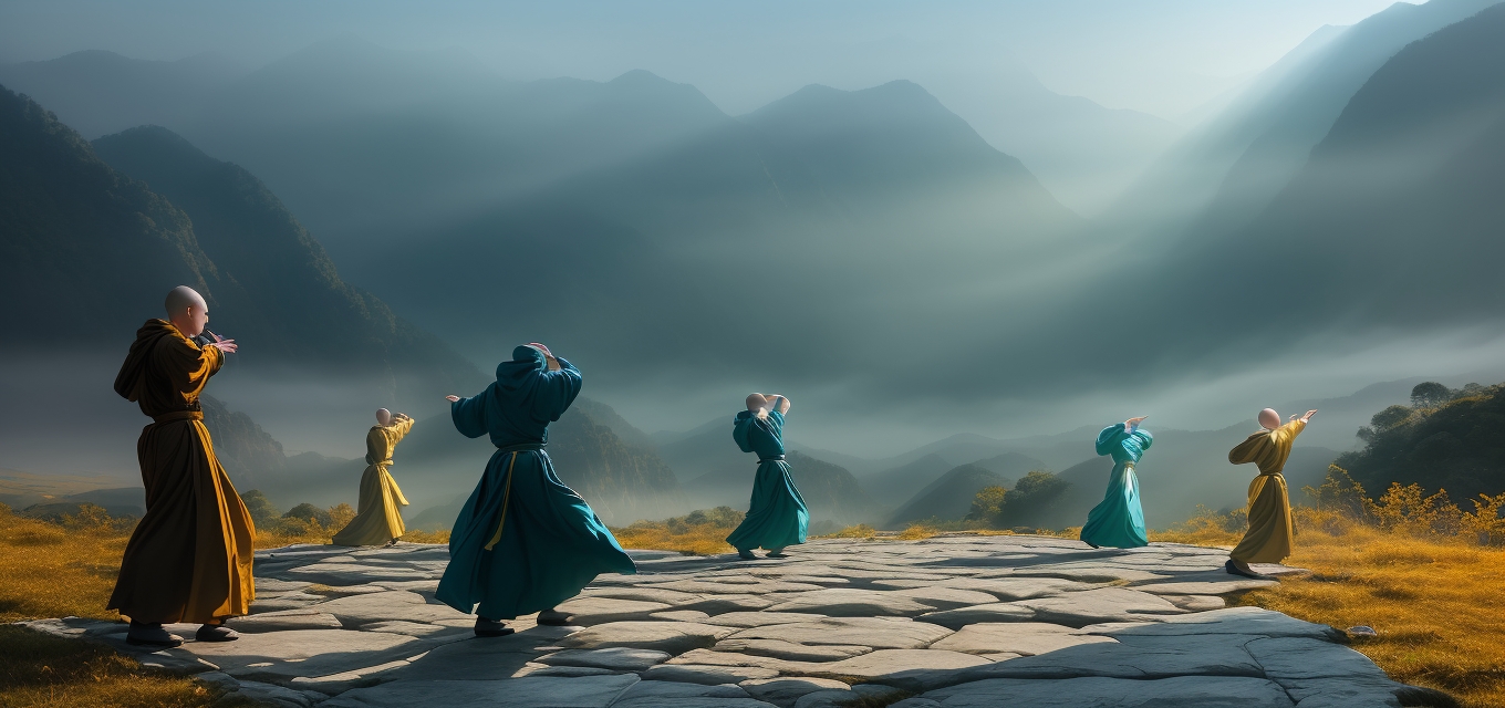 Monks performing qigong in a misty mountain valley